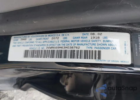 2003 Volkswagen Jetta Gl from USA, damaged, VIN 3VWRK69M63M038762